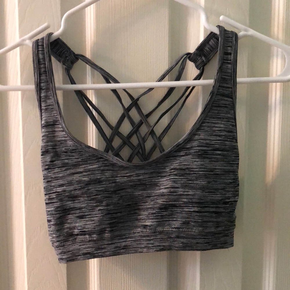 strappy gray sports bra